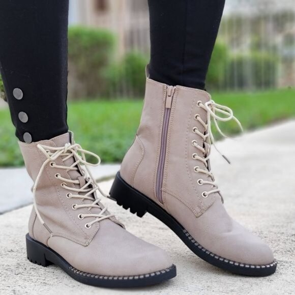 Women's Gray Lace Up Ankle Mid-Calf Combat Boots - Picture 1 of 3